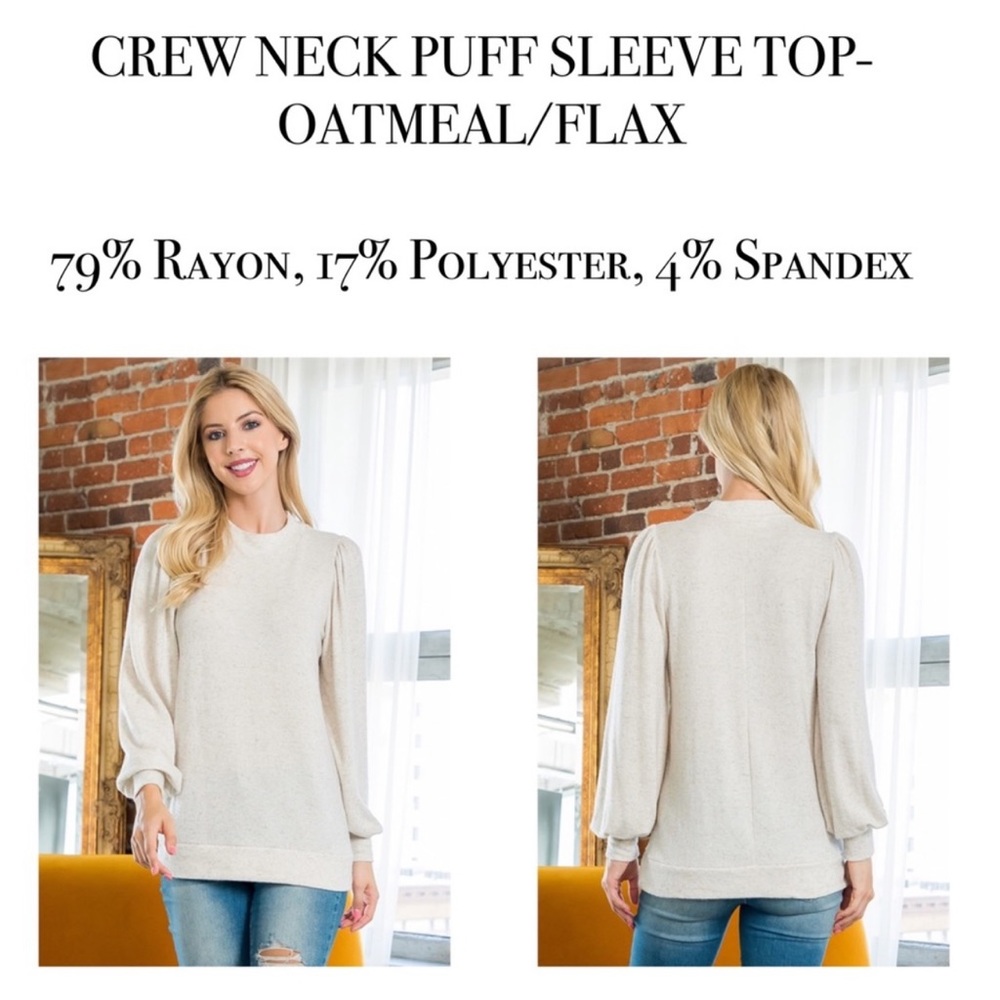 NEW- Crew Neck Puff Sleeve Top, Color: Oatmeal/Flax, Size: XL - Picture 9 of 16